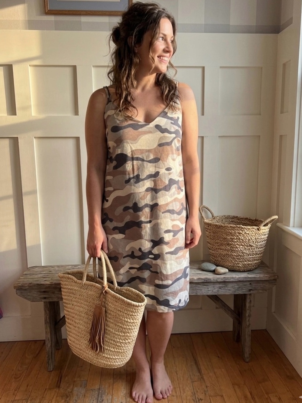 Zara Linen Blend Camo Midi Dress in Beige, Taupe & Navy‎ Small